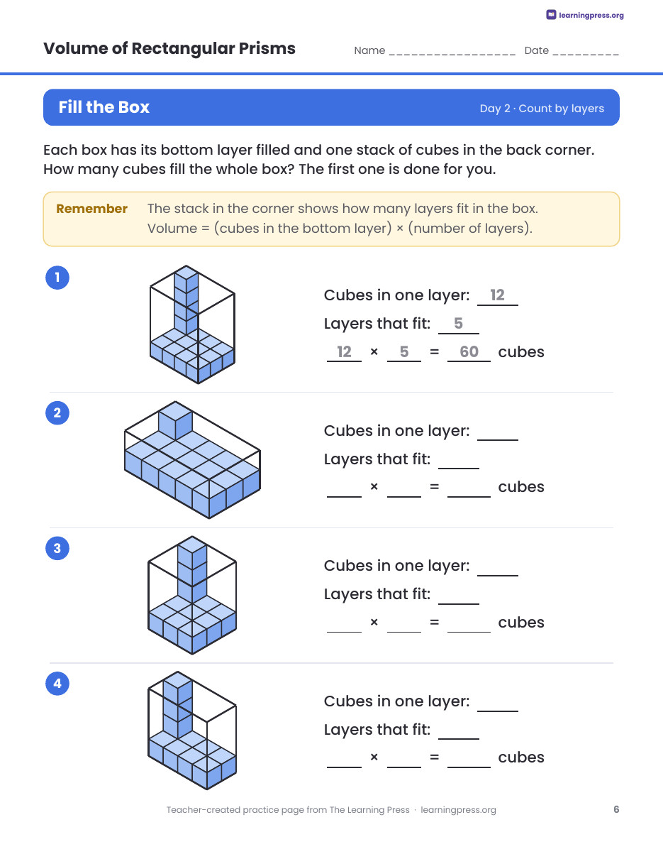 Preview page 2 of Volume of Rectangular Prisms Worksheets, Slides & Quiz
