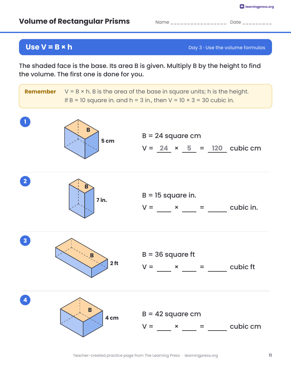 Preview page 3 of Volume of Rectangular Prisms Worksheets, Slides & Quiz