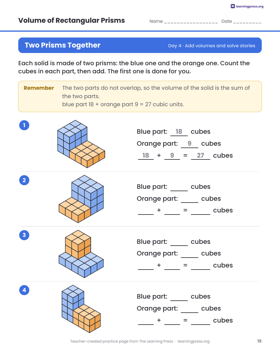 Preview page 4 of Volume of Rectangular Prisms Worksheets, Slides & Quiz
