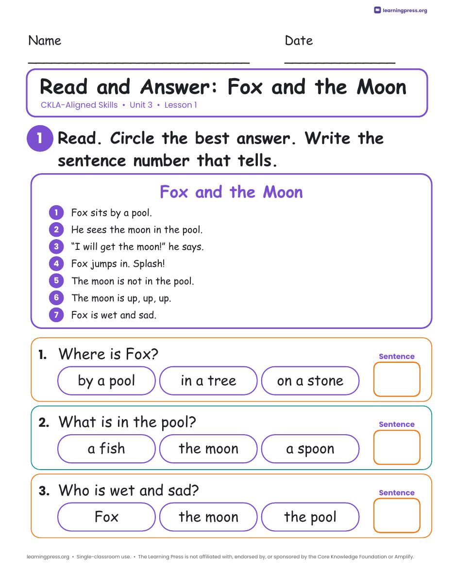 Preview page 1 of CKLA-Aligned Grade 1 Skills Unit 3 Worksheets (Lessons 1–19)