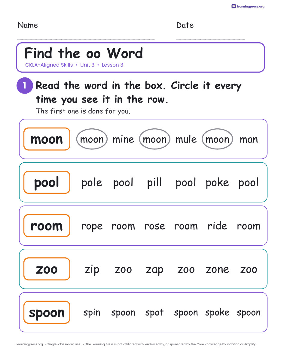 Preview page 3 of CKLA-Aligned Grade 1 Skills Unit 3 Worksheets (Lessons 1–19)