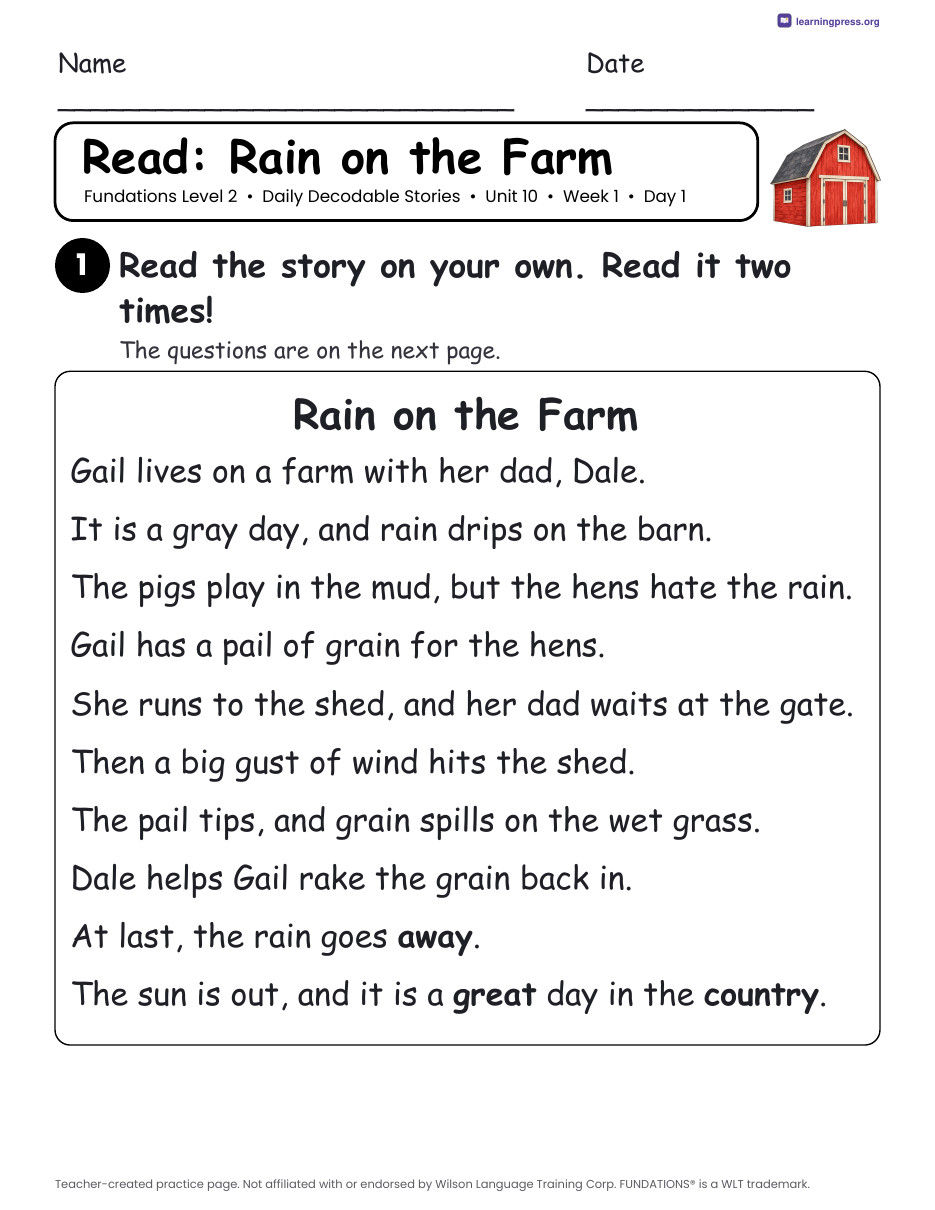 Preview page 1 of Fundations Level 2 Unit 10 Daily Decodable Stories
