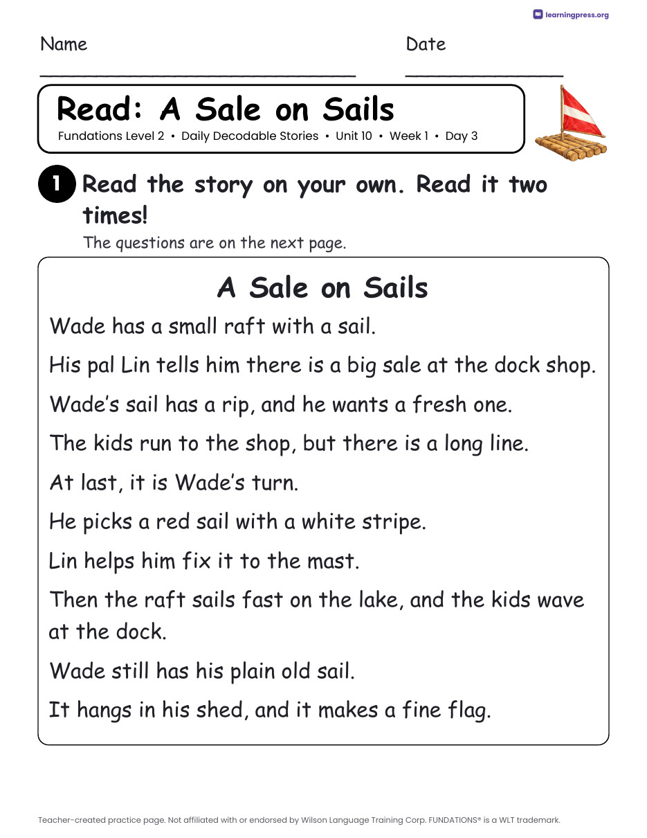 Preview page 2 of Fundations Level 2 Unit 10 Daily Decodable Stories