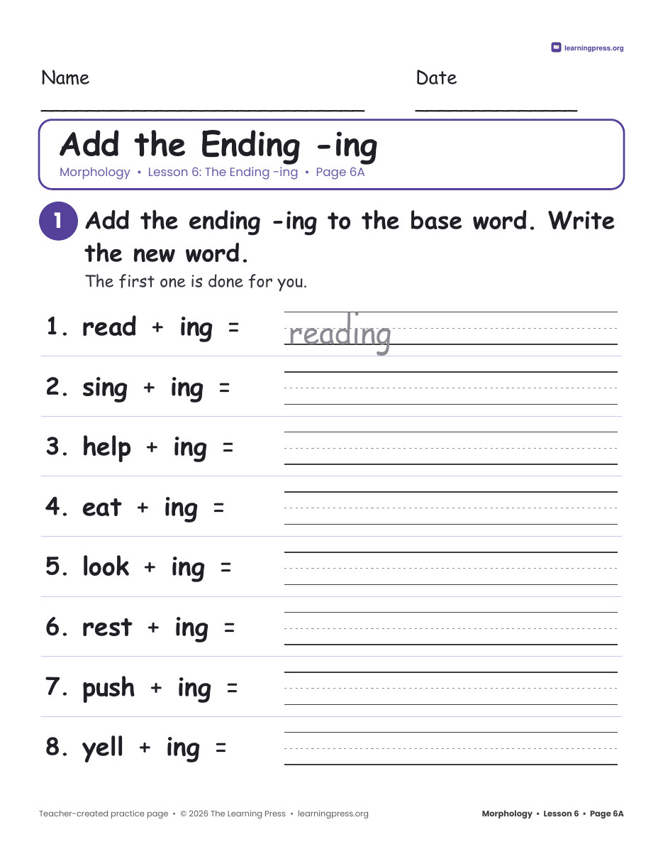 Preview page 1 of Grade 2 Morphology Unit 2: -ing, Drop e, Double, -er, -est · Slides & Worksheets