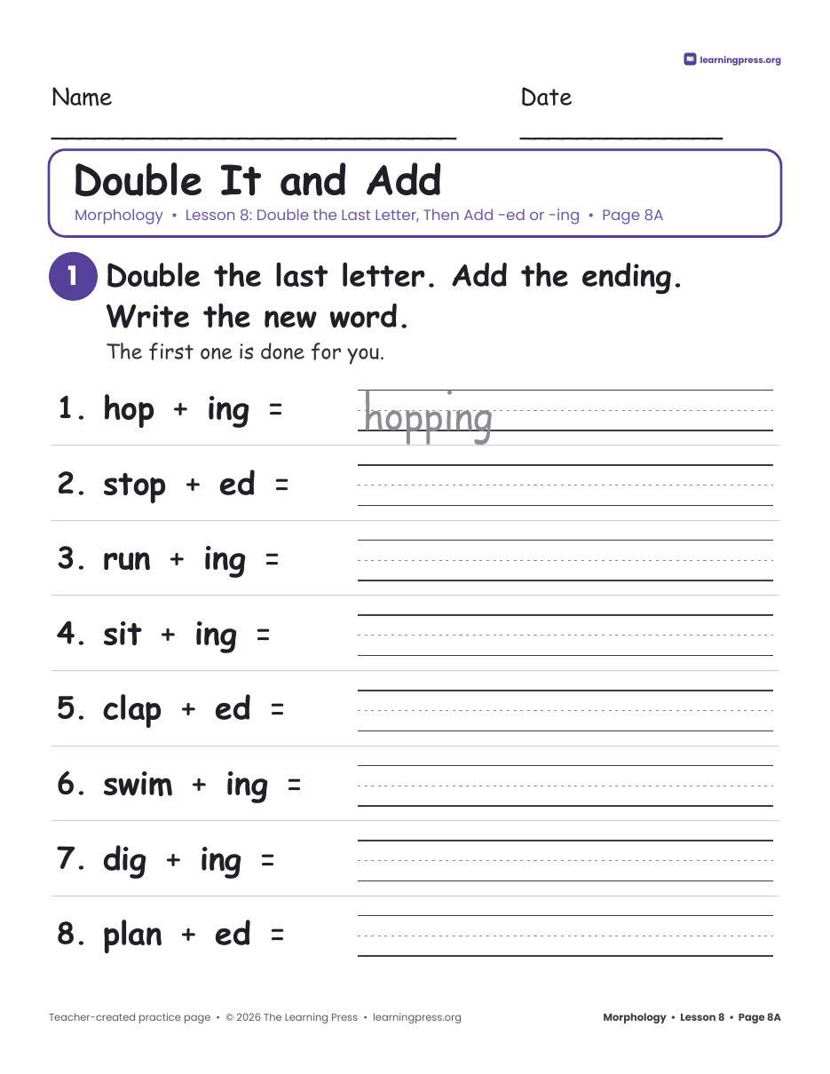 Preview page 3 of Grade 2 Morphology Unit 2: -ing, Drop e, Double, -er, -est · Slides & Worksheets