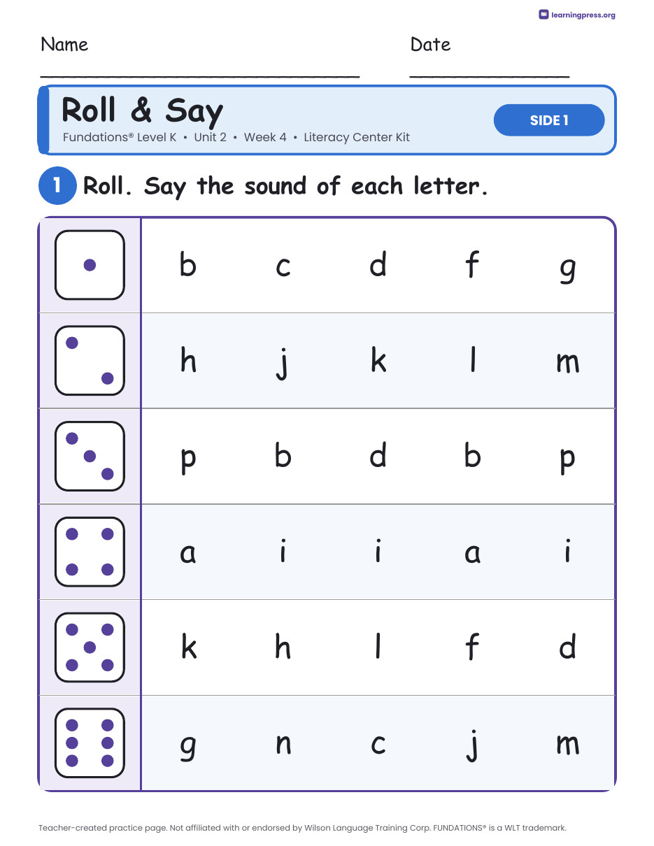 Preview page 1 of Fundations Level K Unit 2 Week 4 Literacy Center Kit
