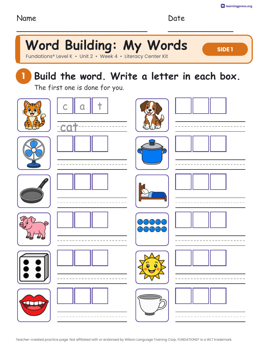 Preview page 2 of Fundations Level K Unit 2 Week 4 Literacy Center Kit