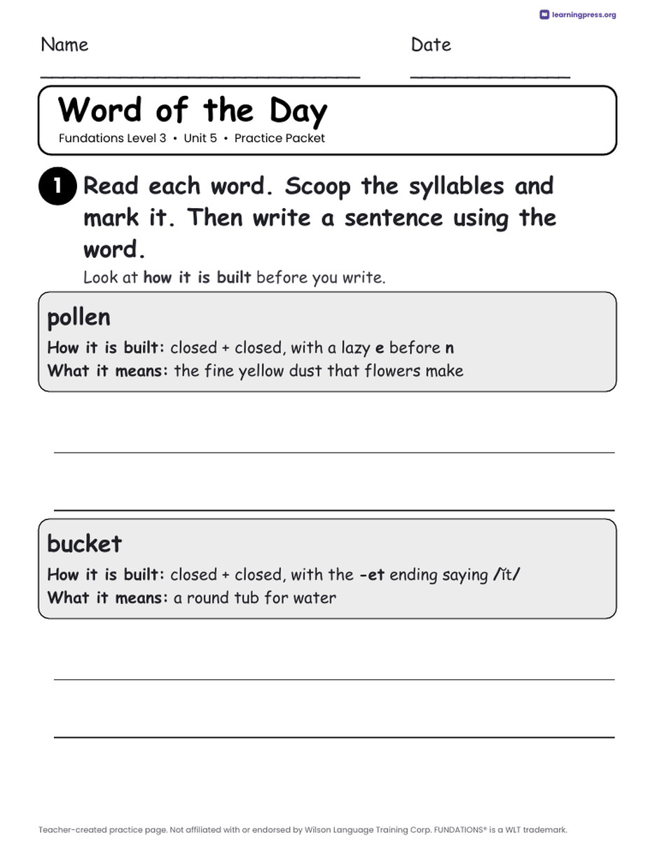 Preview page 2 of Fundations Level 3 Unit 5 Practice Packet