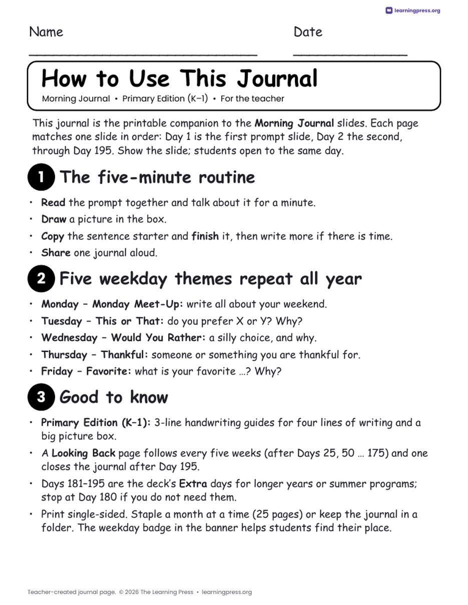 Preview page 2 of Morning Journal · Primary Edition (K–1)