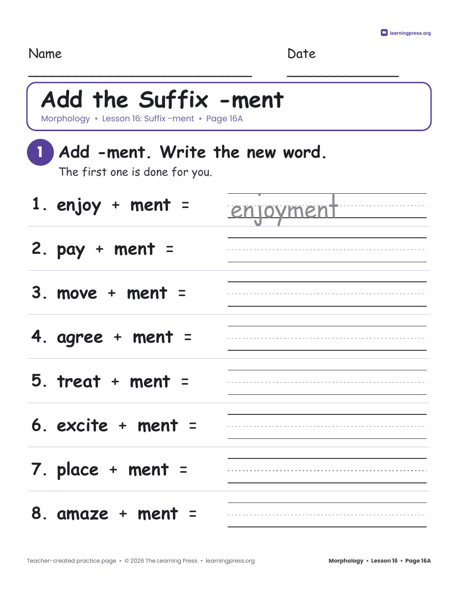 Preview page 1 of Grade 3 Morphology Unit 4: -ment, -ion, -ly, -y, over-, under- · Slides + Pages