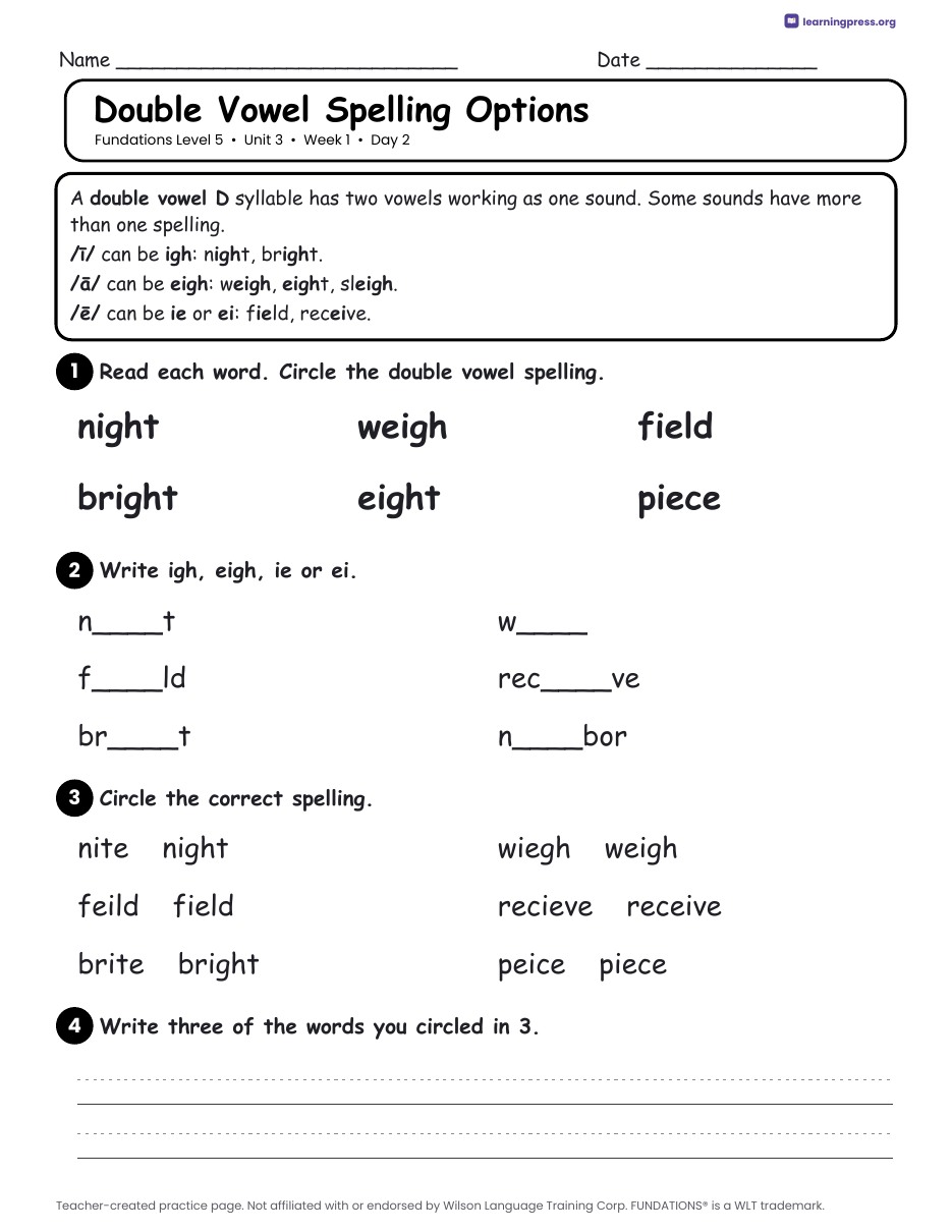Preview page 1 of Fundations Level 5 Unit 3 Daily Lesson Work Pages