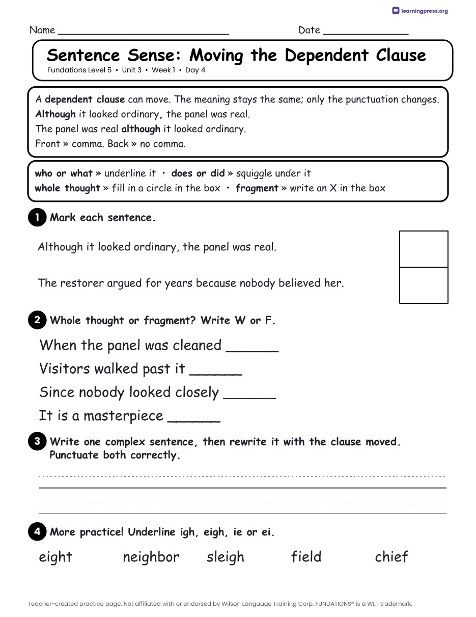 Preview page 2 of Fundations Level 5 Unit 3 Daily Lesson Work Pages