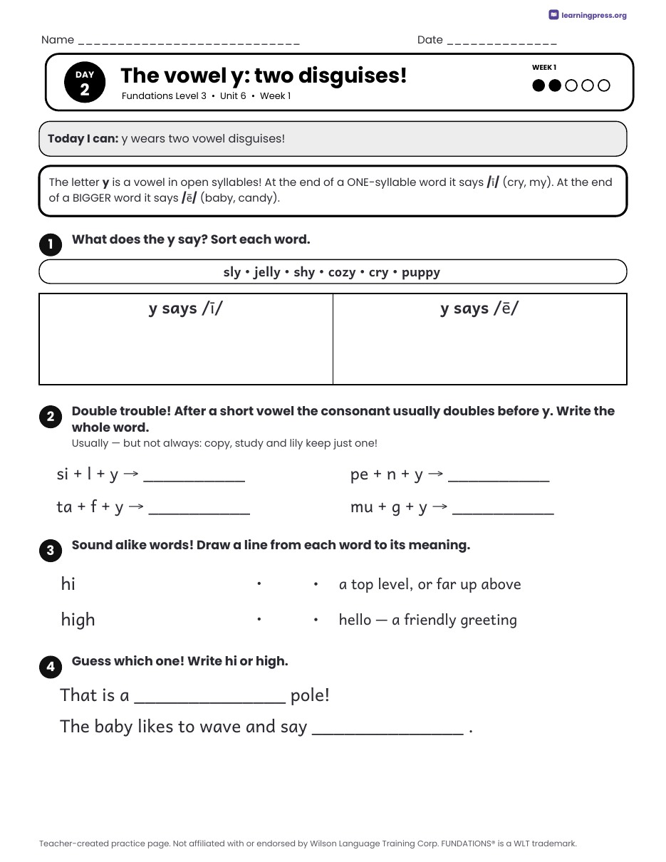 Preview page 1 of Fundations Level 3 Unit 6 Daily Lesson Work Pages