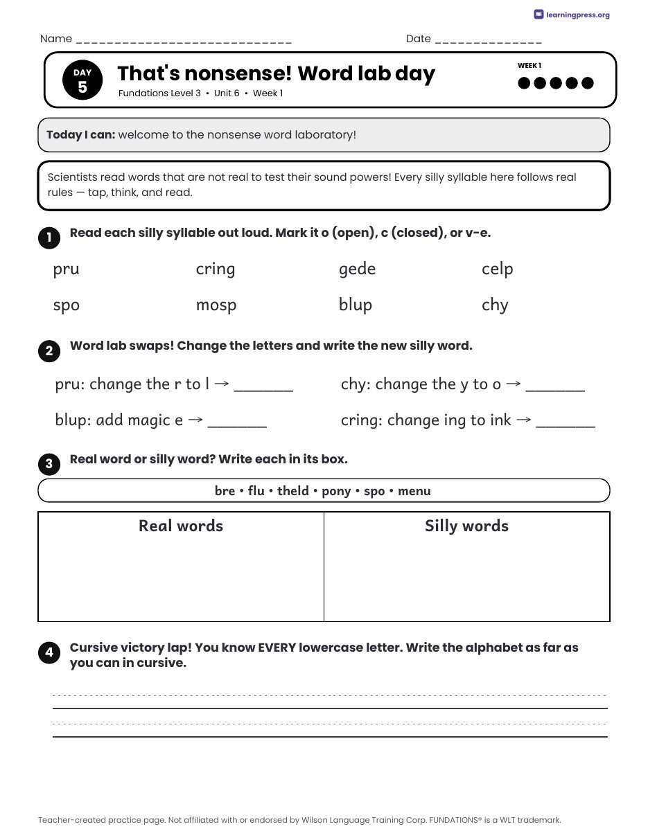 Preview page 2 of Fundations Level 3 Unit 6 Daily Lesson Work Pages