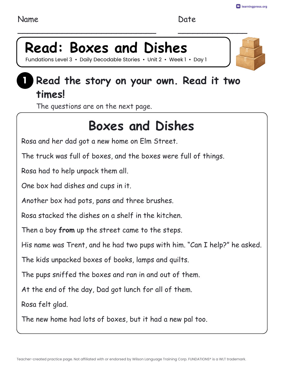 Preview page 1 of Fundations Level 3 Unit 2 Daily Decodable Stories