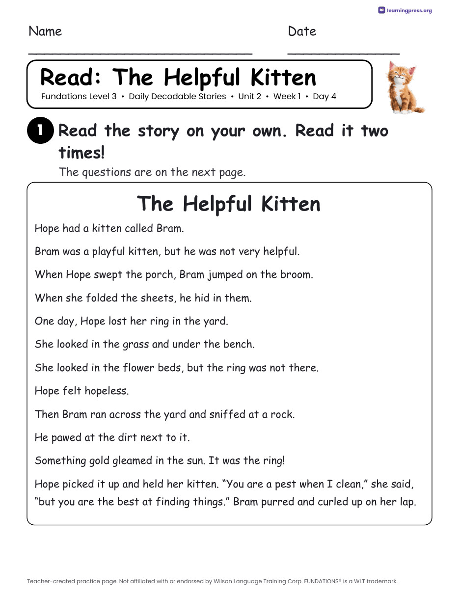 Preview page 2 of Fundations Level 3 Unit 2 Daily Decodable Stories