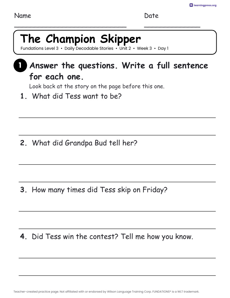 Preview page 4 of Fundations Level 3 Unit 2 Daily Decodable Stories