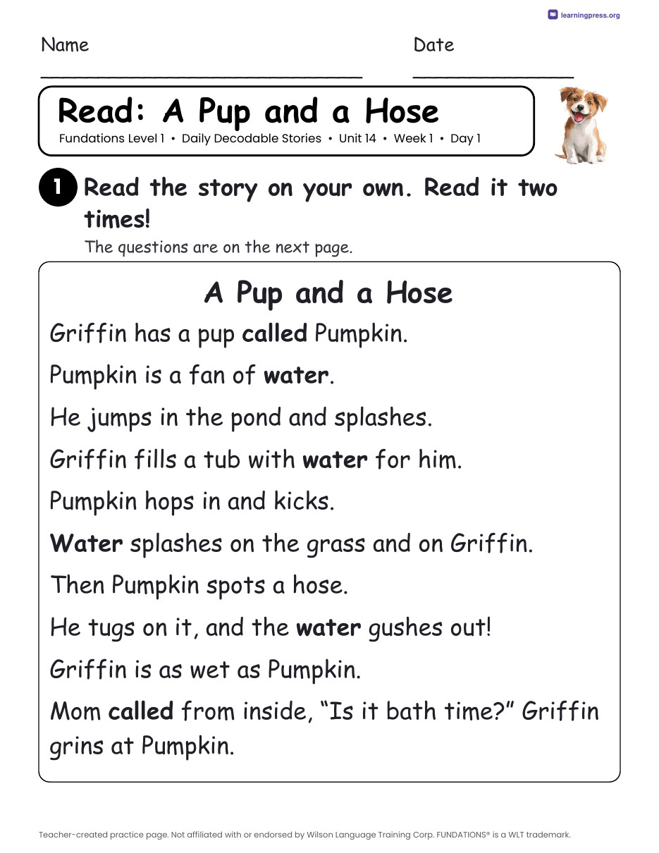 Preview page 1 of Fundations Level 1 Unit 14 Daily Decodable Stories