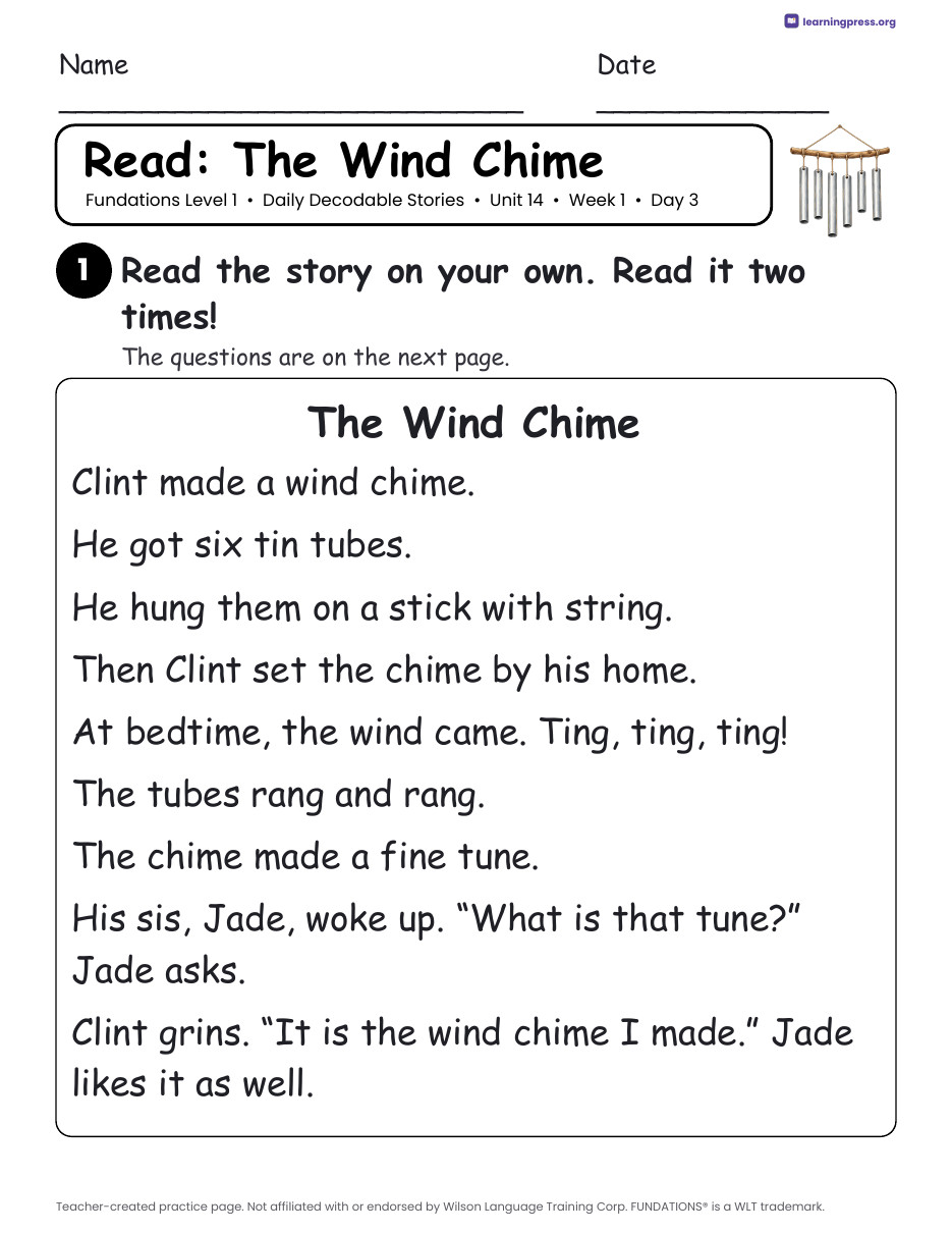 Preview page 2 of Fundations Level 1 Unit 14 Daily Decodable Stories