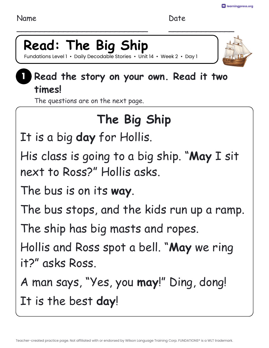 Preview page 3 of Fundations Level 1 Unit 14 Daily Decodable Stories
