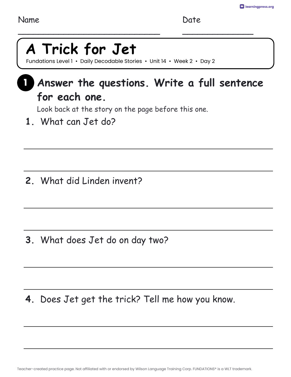 Preview page 4 of Fundations Level 1 Unit 14 Daily Decodable Stories