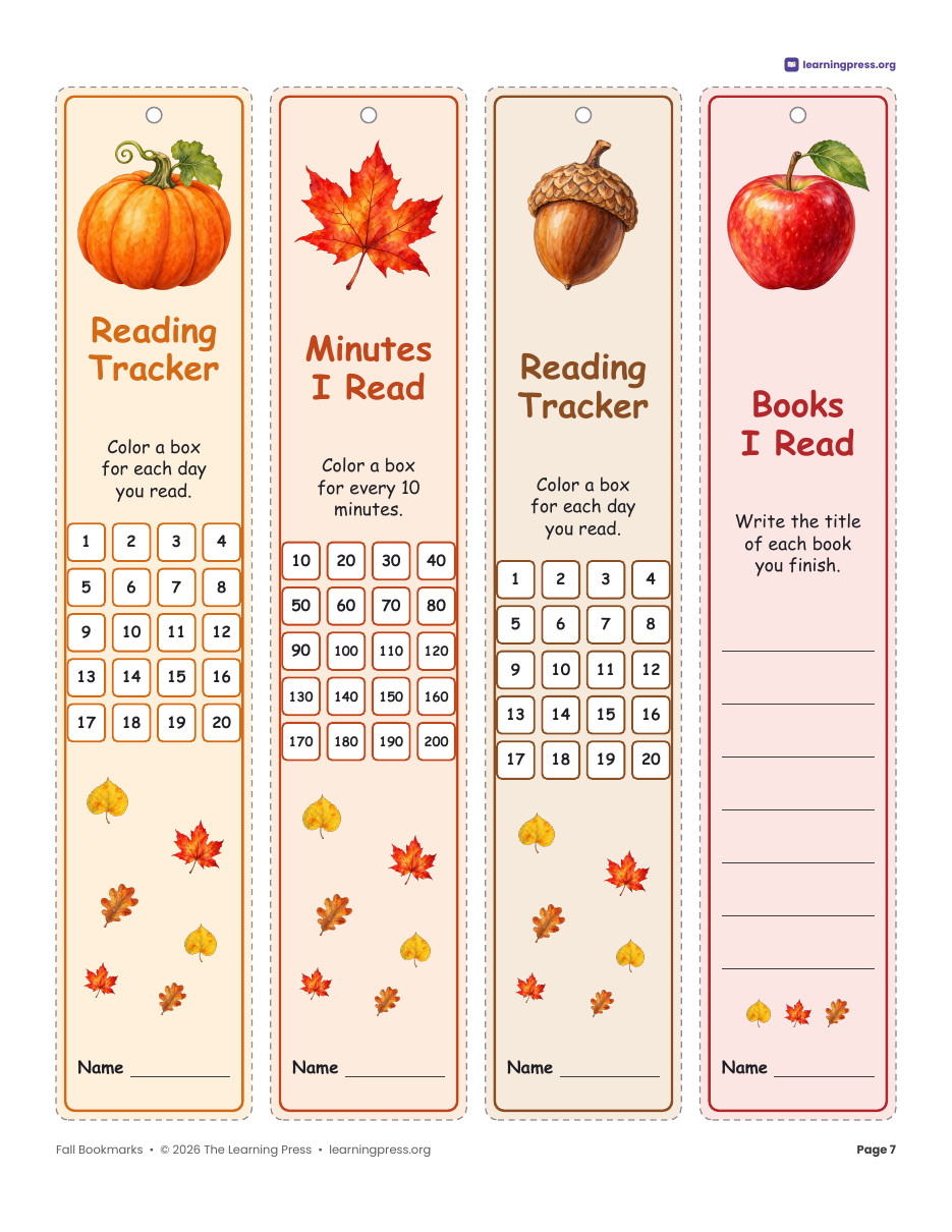 Preview page 4 of Fall Bookmarks Printable · Watercolor, Reading Trackers & Color Your Own