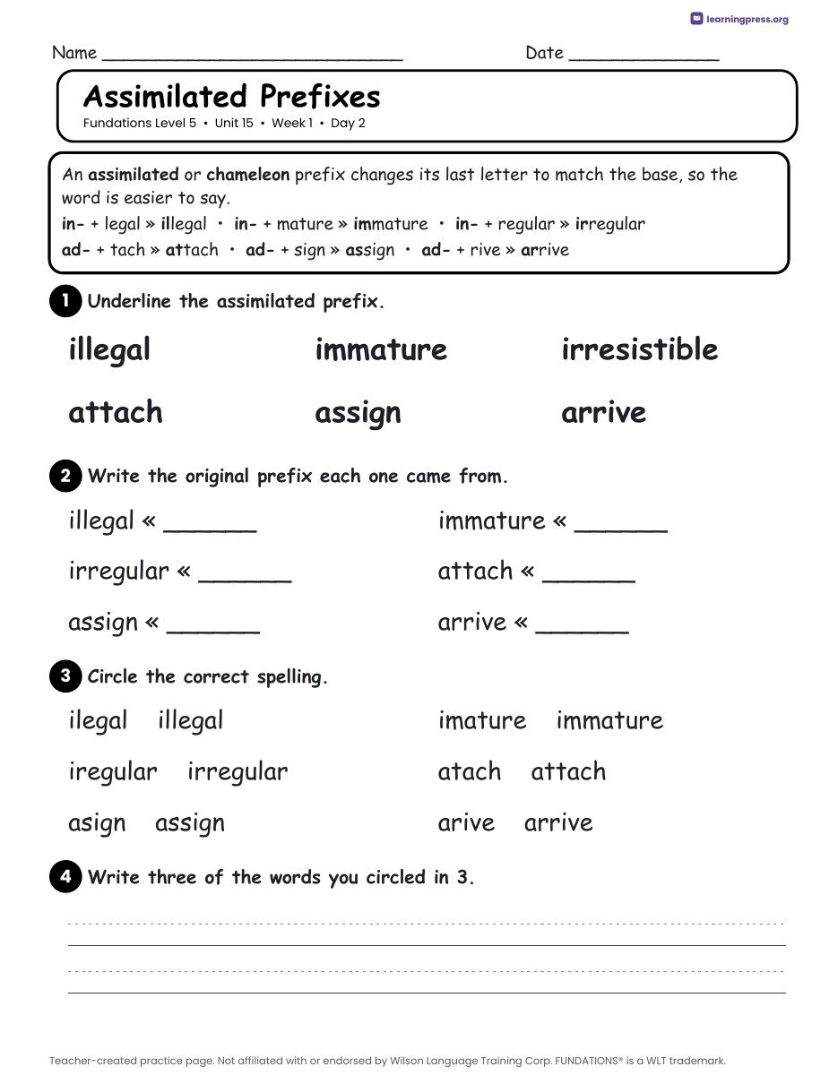 Preview page 1 of Fundations Level 5 Unit 15 Daily Lesson Work Pages