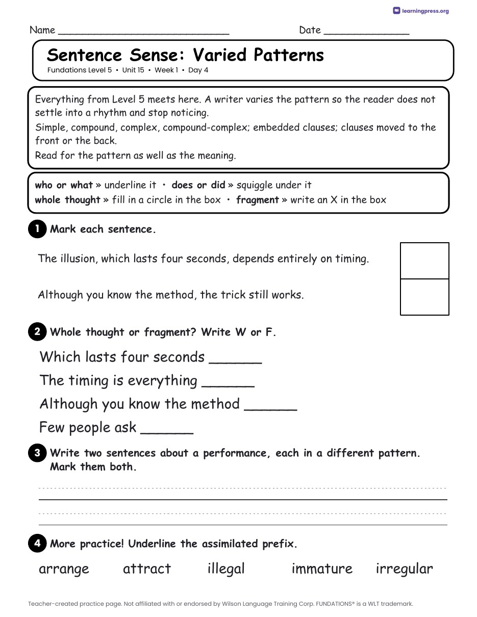 Preview page 2 of Fundations Level 5 Unit 15 Daily Lesson Work Pages