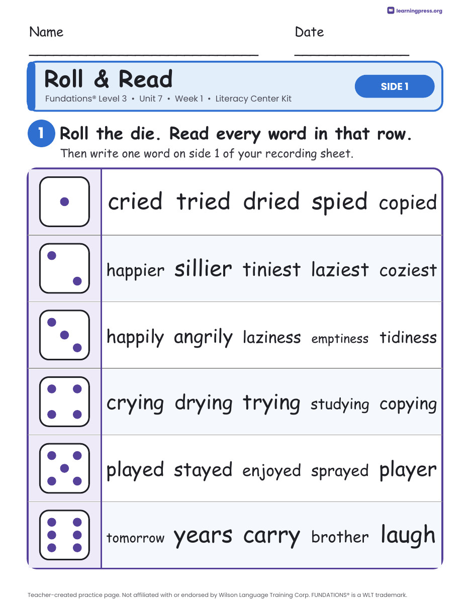 Preview page 1 of Fundations Level 3 Unit 7 Week 1 Literacy Center Kit