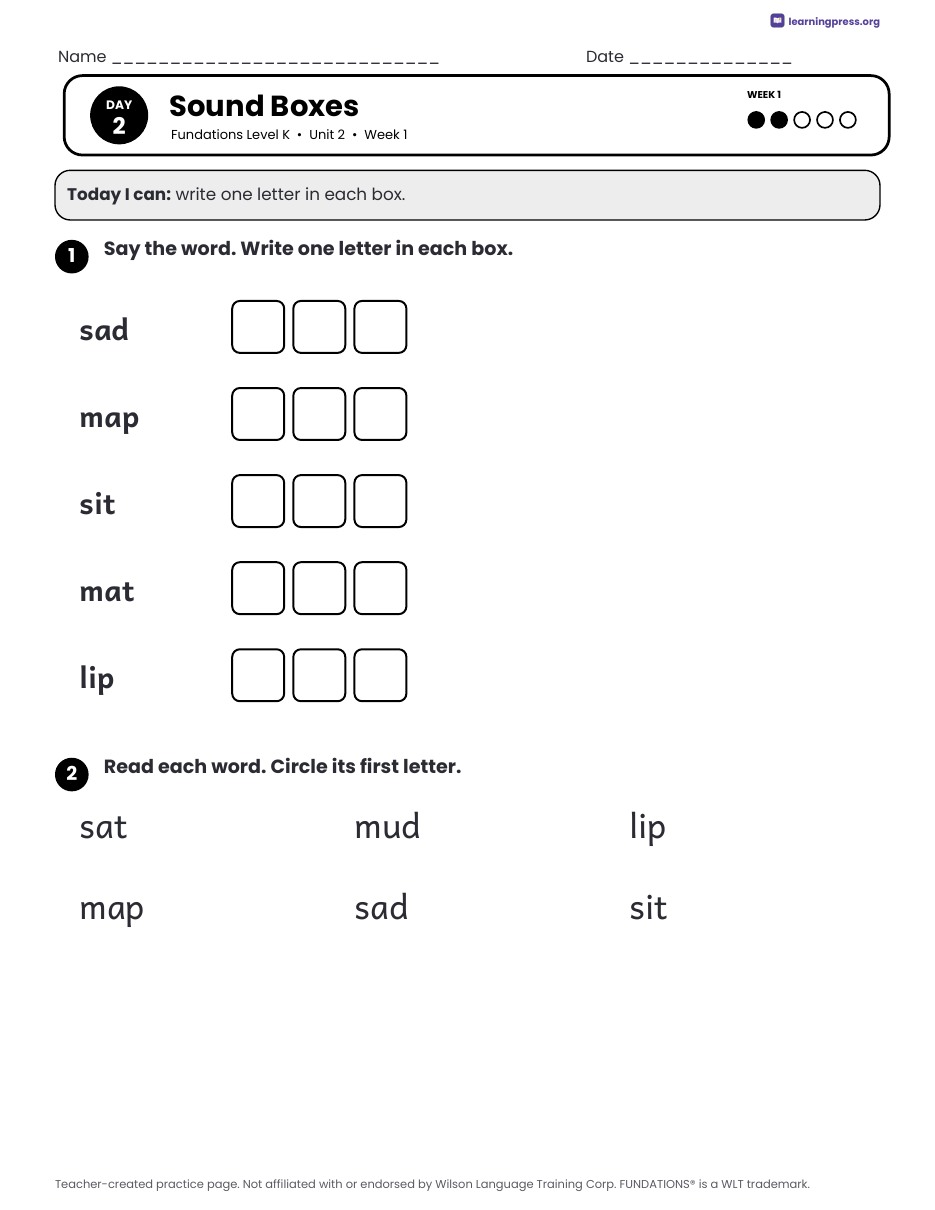 Preview page 1 of Fundations Level K Unit 2 Daily Lesson Work Pages