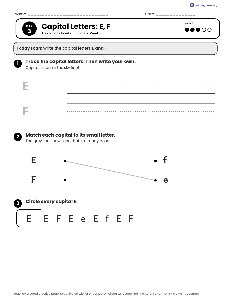 Preview page 2 of Fundations Level K Unit 2 Daily Lesson Work Pages