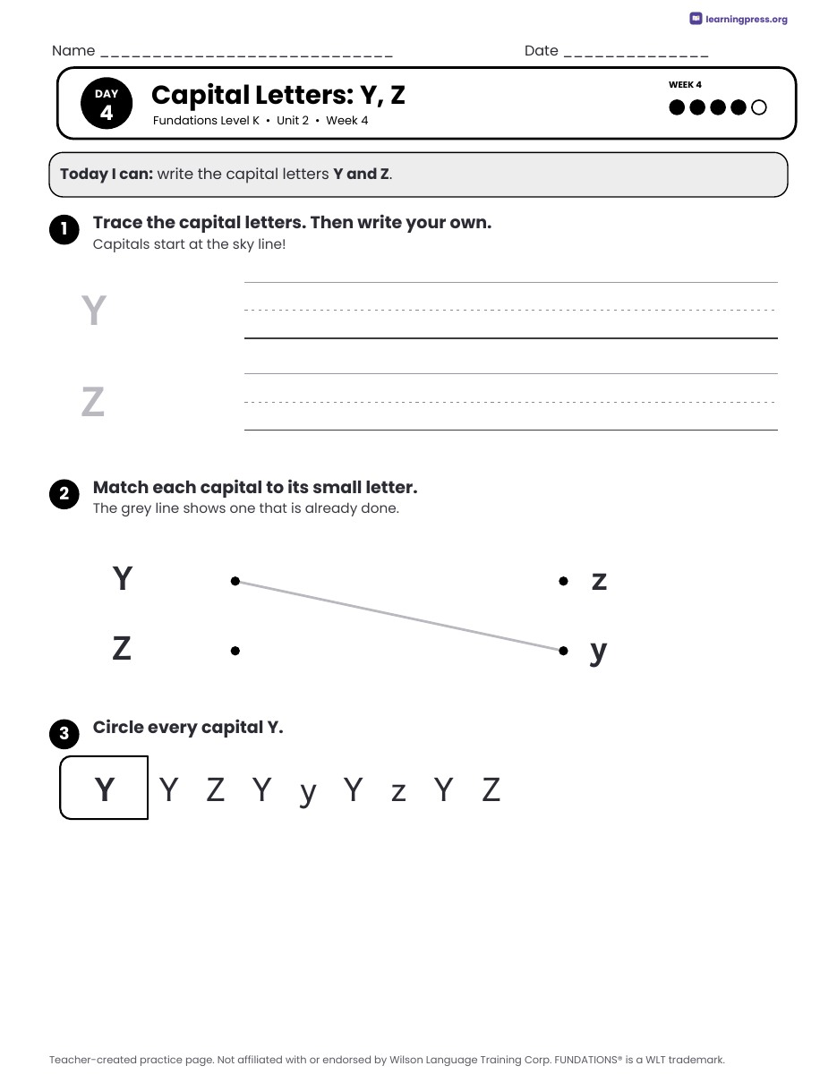 Preview page 4 of Fundations Level K Unit 2 Daily Lesson Work Pages
