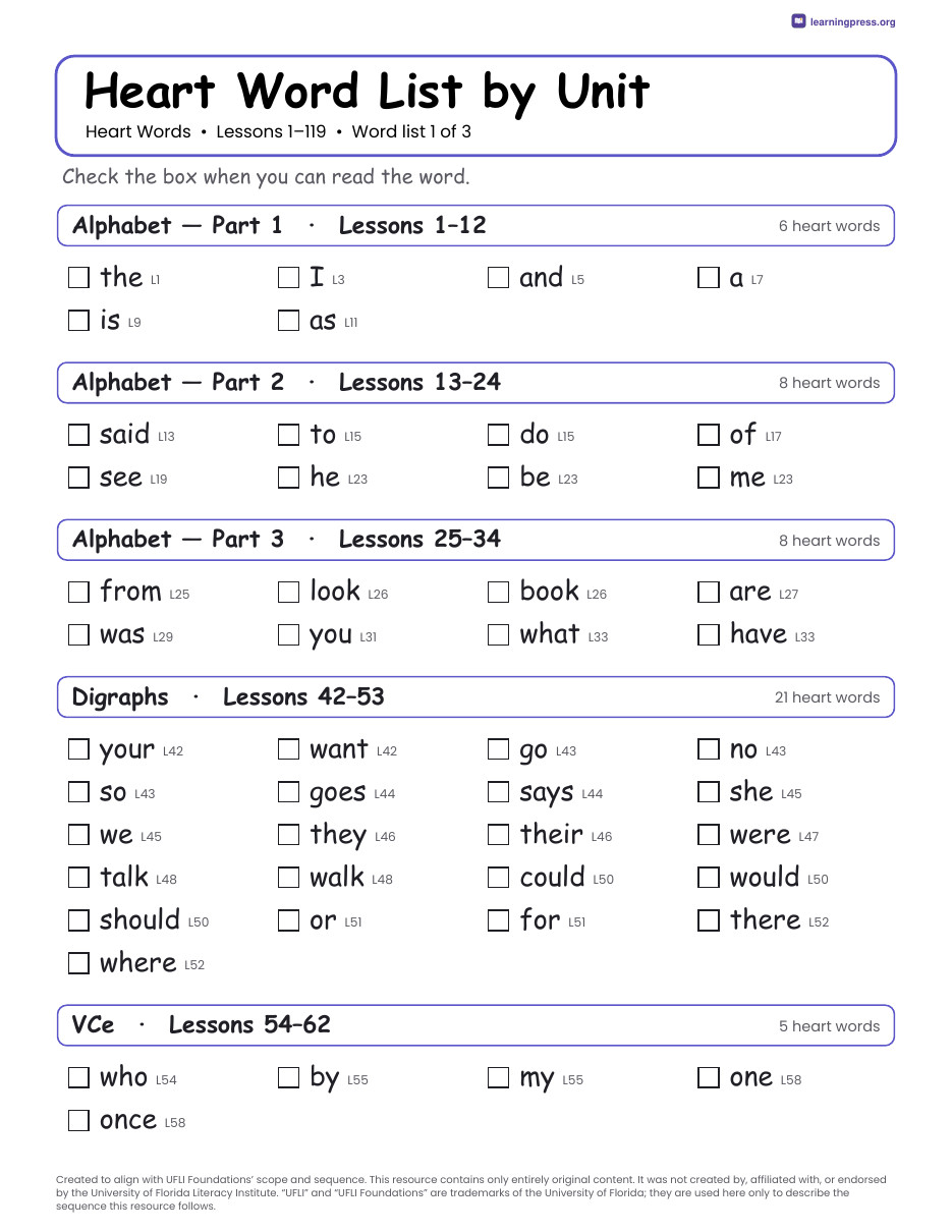 Preview page 1 of UFLI Aligned Heart Word Cards & Practice · Lessons 1 – 119 · 121 Heart Words