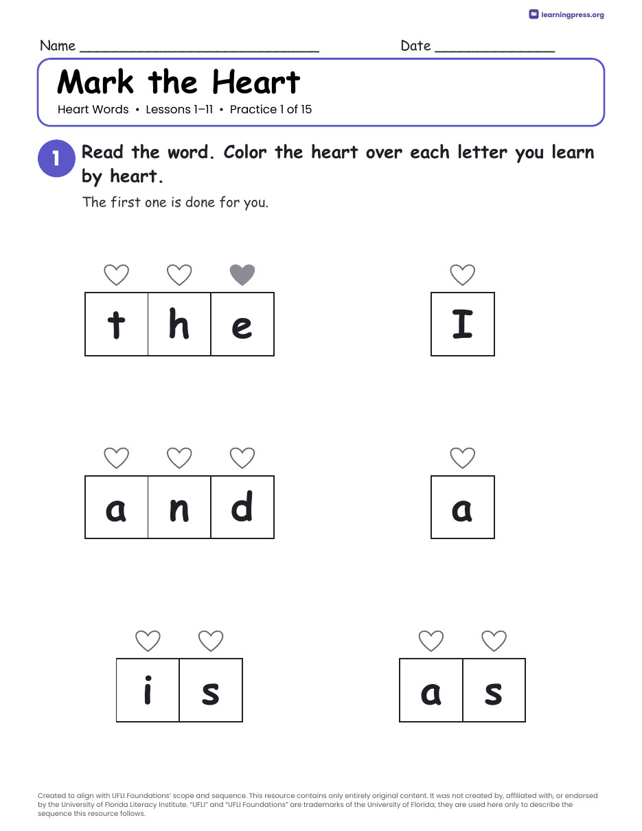 Preview page 3 of UFLI Aligned Heart Word Cards & Practice · Lessons 1 – 119 · 121 Heart Words