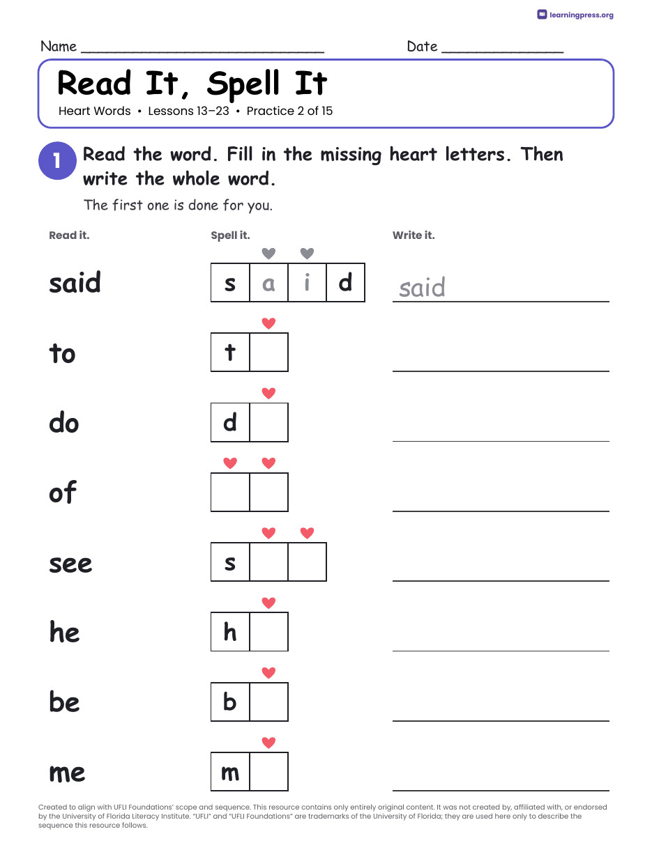Preview page 4 of UFLI Aligned Heart Word Cards & Practice · Lessons 1 – 119 · 121 Heart Words