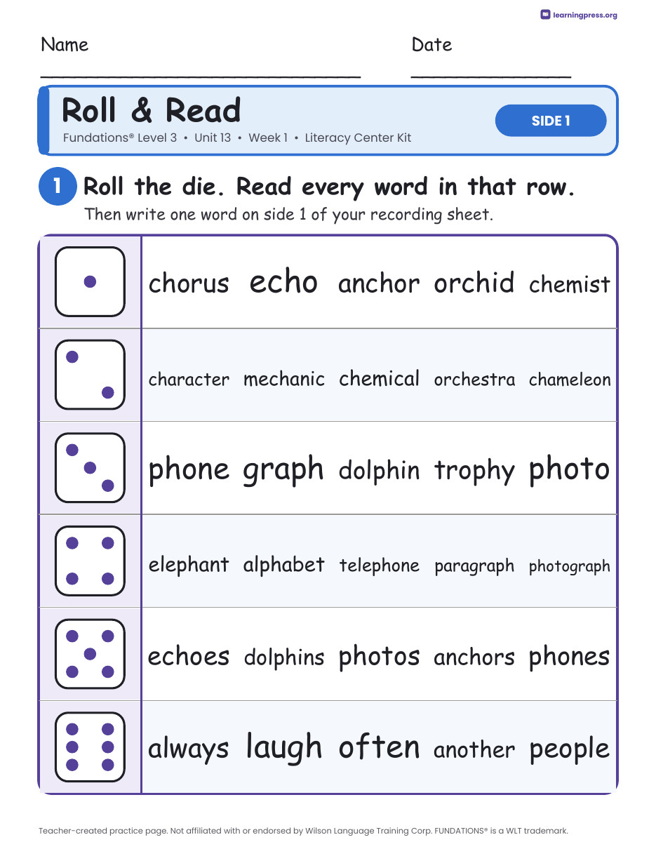 Preview page 1 of Fundations Level 3 Unit 13 Week 1 Literacy Center Kit