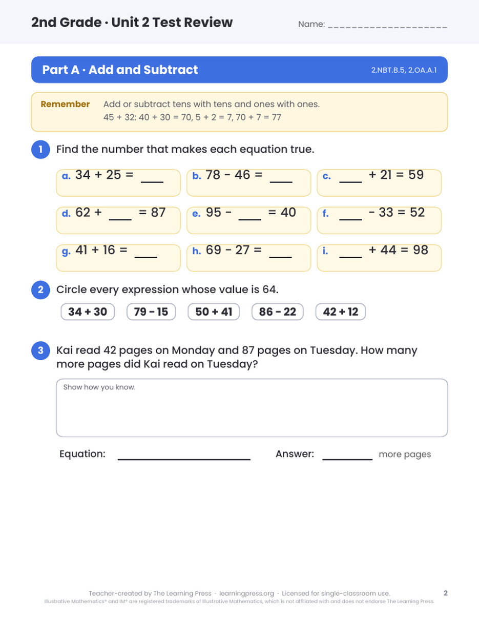 Preview page 1 of Illustrative Math (IM®) Aligned 2nd Grade Unit 2 Test Review