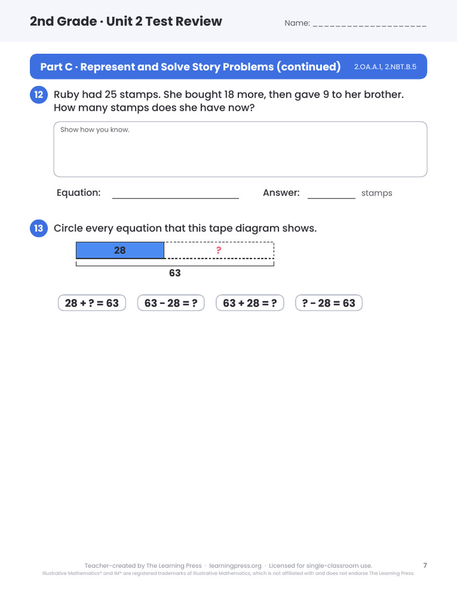 Preview page 4 of Illustrative Math (IM®) Aligned 2nd Grade Unit 2 Test Review