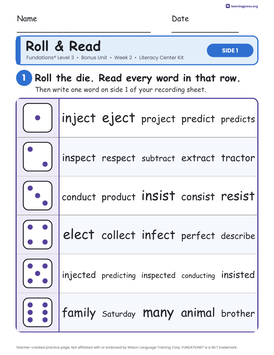 Preview page 1 of Fundations Level 3 Bonus Unit Week 2 Literacy Center Kit