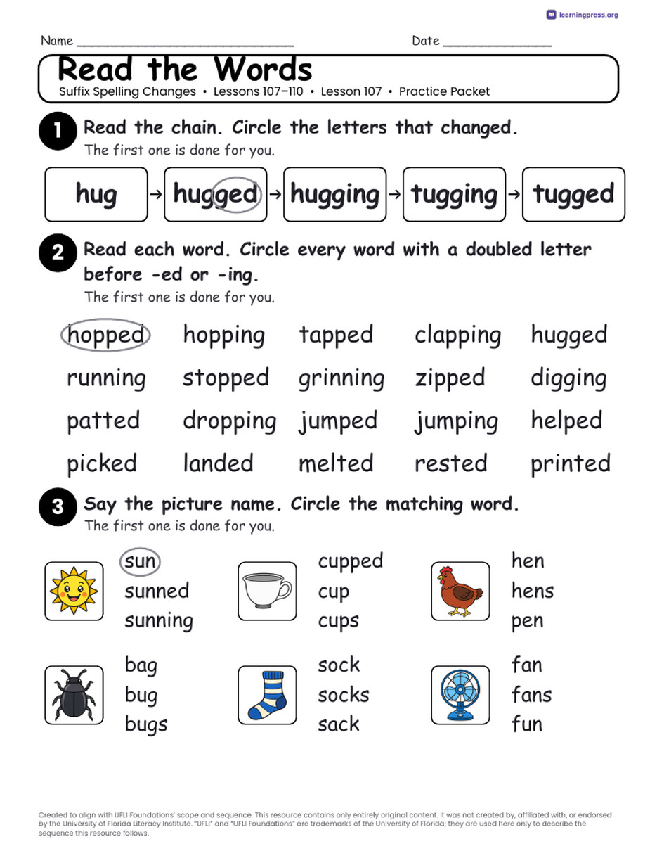Preview page 2 of Suffix Spelling Changes Unit Bundle · Lessons 107–110