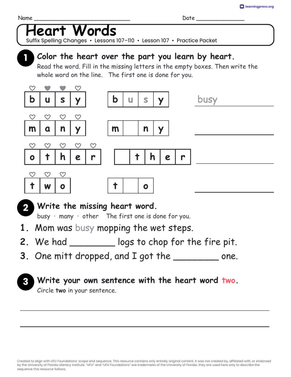 Preview page 3 of Suffix Spelling Changes Unit Bundle · Lessons 107–110
