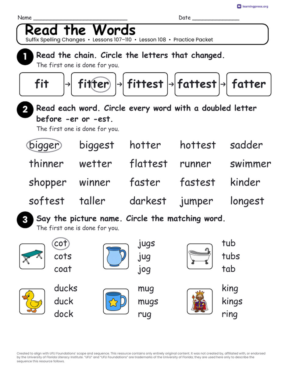 Preview page 4 of Suffix Spelling Changes Unit Bundle · Lessons 107–110