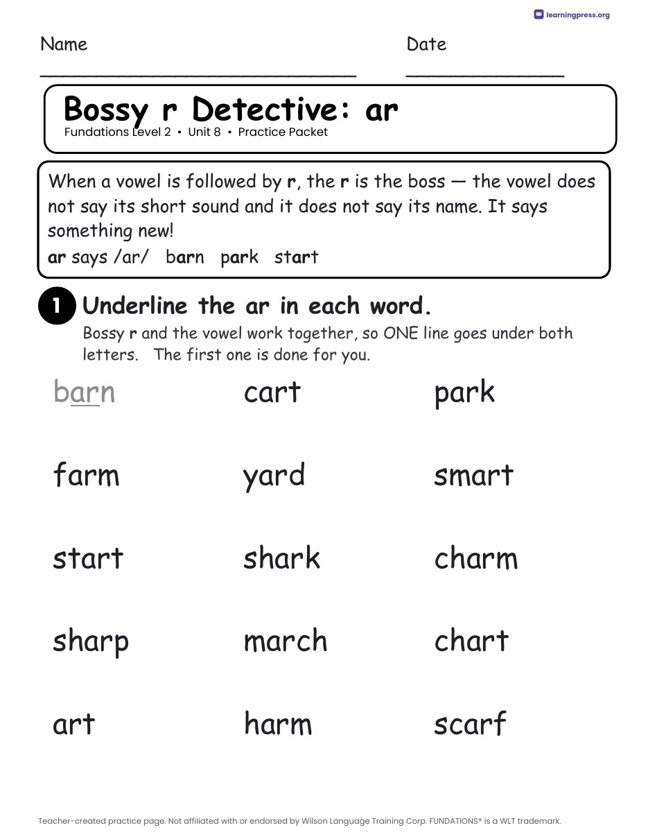 Preview page 1 of Fundations Level 2 Unit 8 Practice Packet