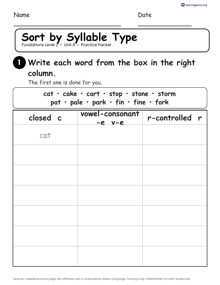 Preview page 2 of Fundations Level 2 Unit 8 Practice Packet