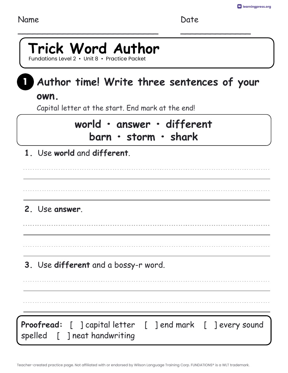 Preview page 3 of Fundations Level 2 Unit 8 Practice Packet
