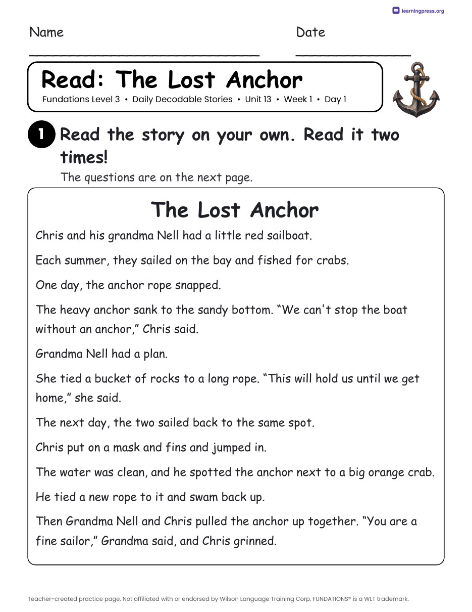 Preview page 1 of Fundations Level 3 Unit 13 Daily Decodable Stories