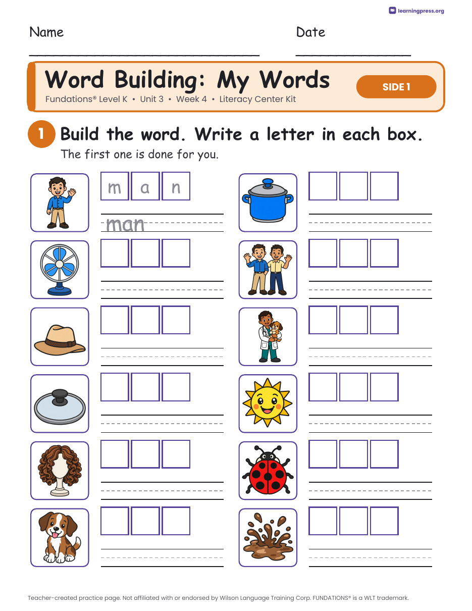 Preview page 2 of Fundations Level K Unit 3 Week 4 Literacy Center Kit
