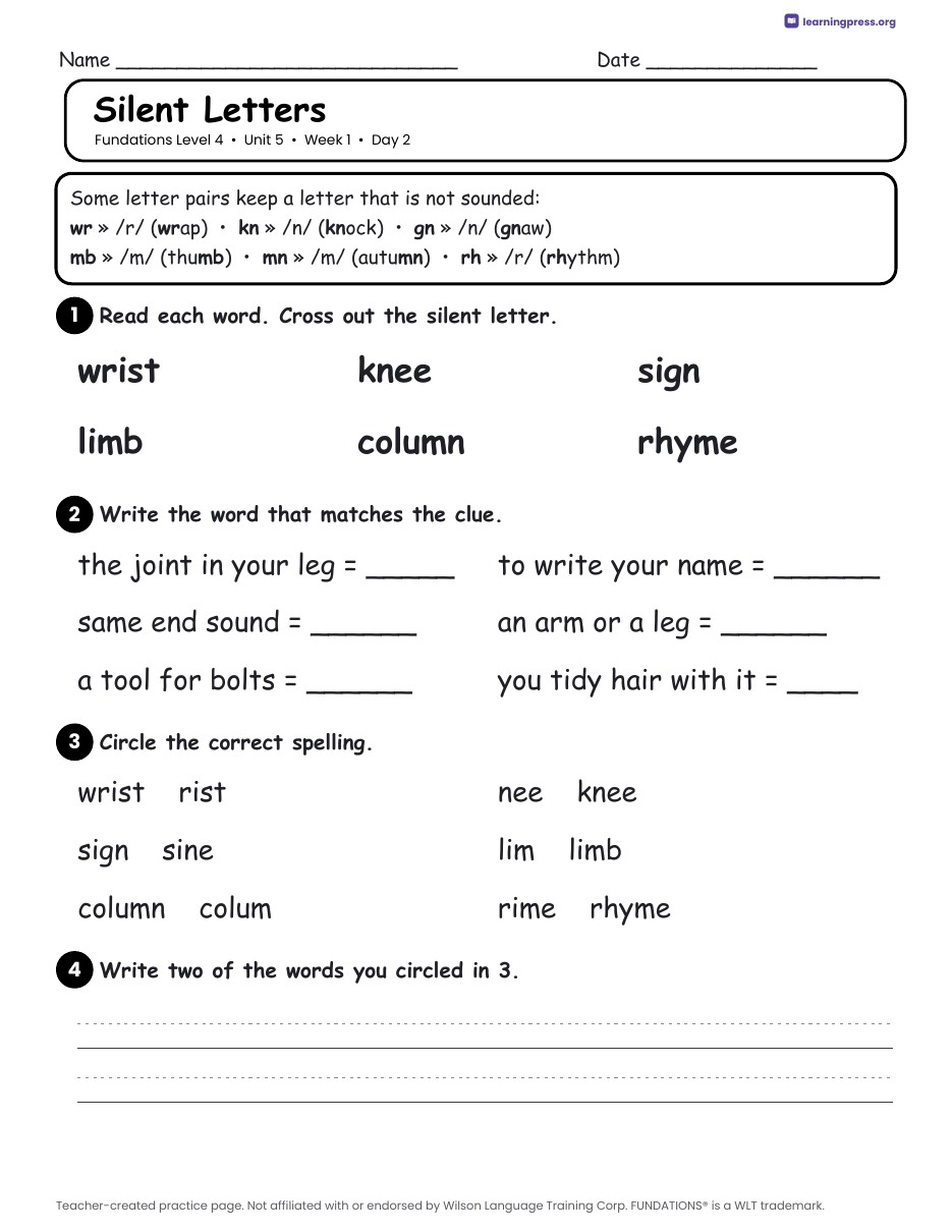 Preview page 1 of Fundations Level 4 Unit 5 Daily Lesson Work Pages