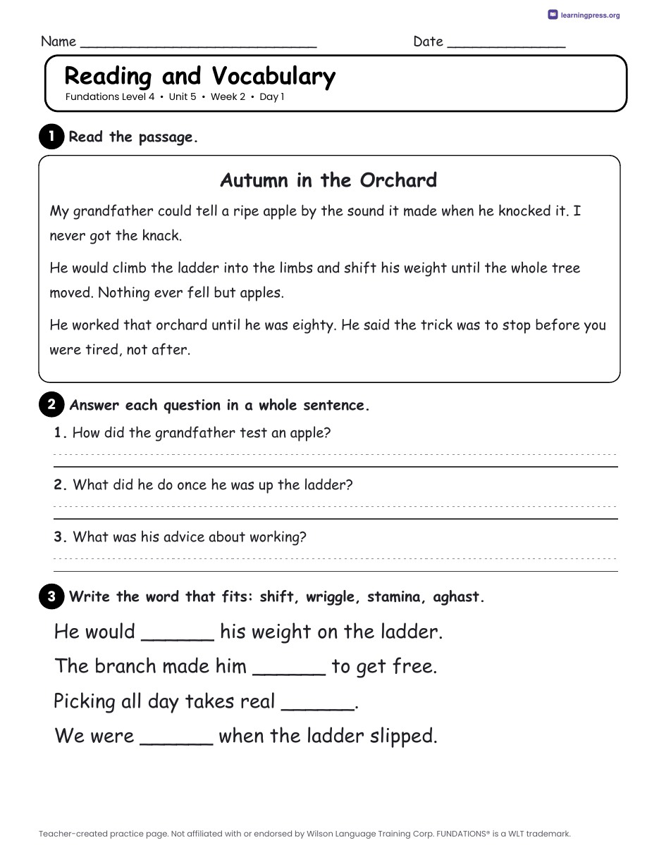 Preview page 3 of Fundations Level 4 Unit 5 Daily Lesson Work Pages