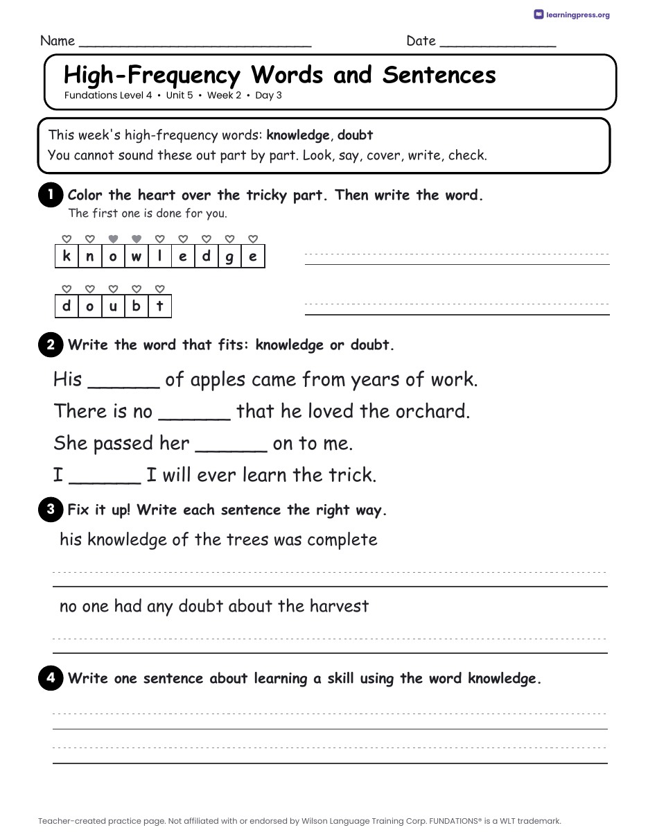 Preview page 4 of Fundations Level 4 Unit 5 Daily Lesson Work Pages